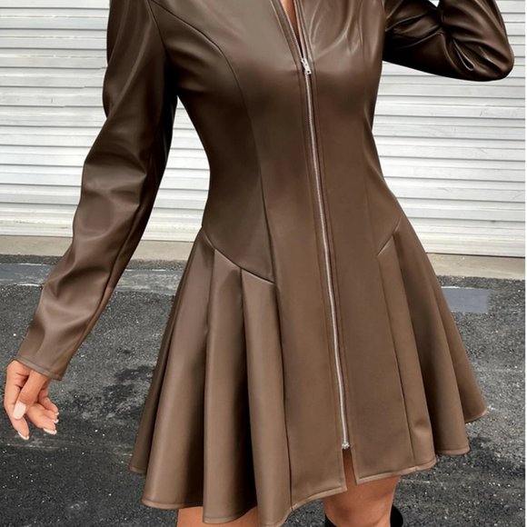 brown zipper front PU leather long sleeve mini dress contemporary - Picture 5 of 5